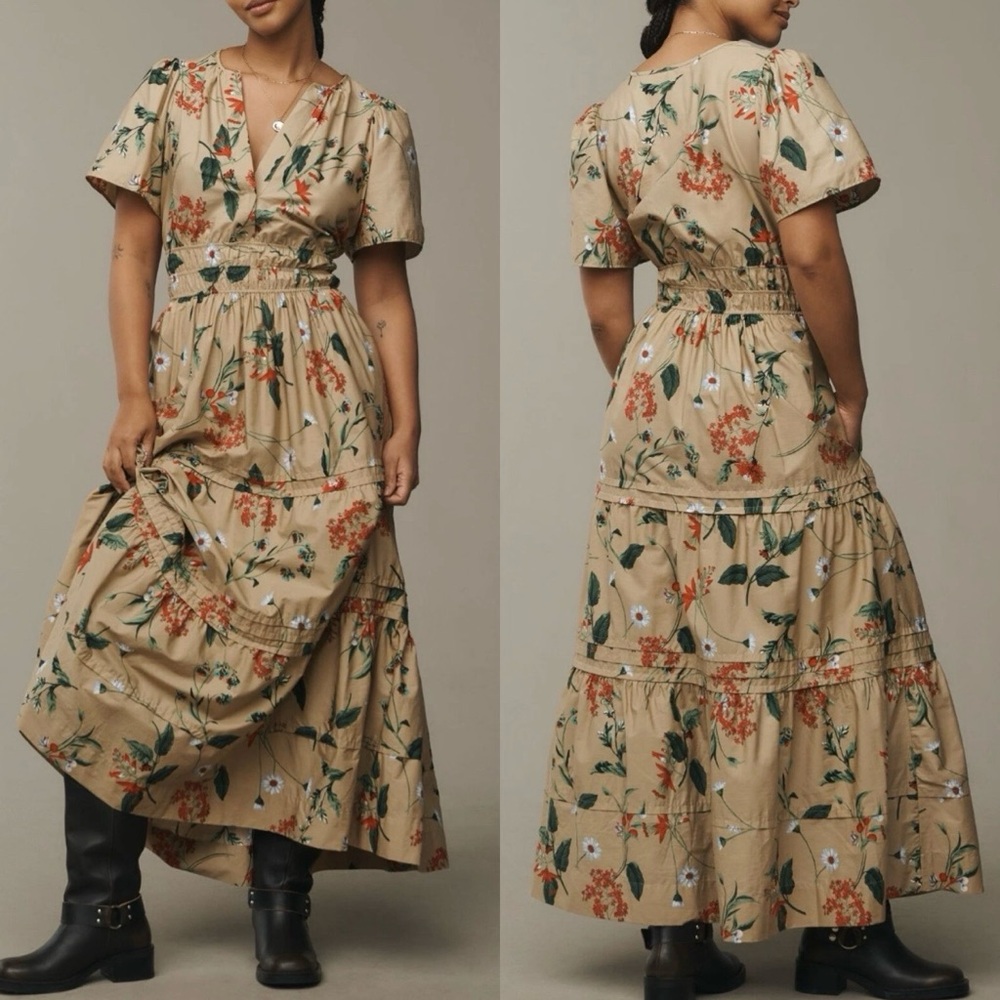 Anthropologie The Somerset Maxi Dress Smocked Tiered Khaki Tan Motif